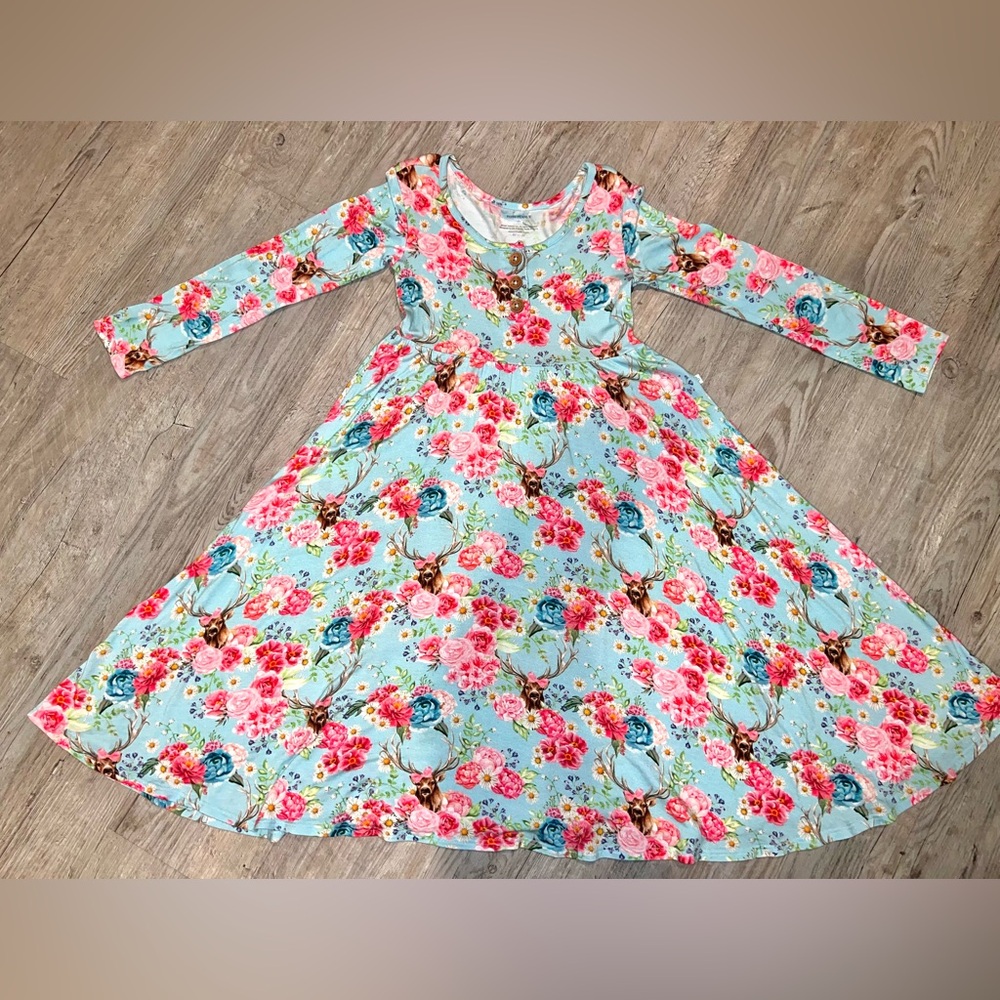 Posh Peanut Floral and Deer Twirl Dress - Blue and Pink
